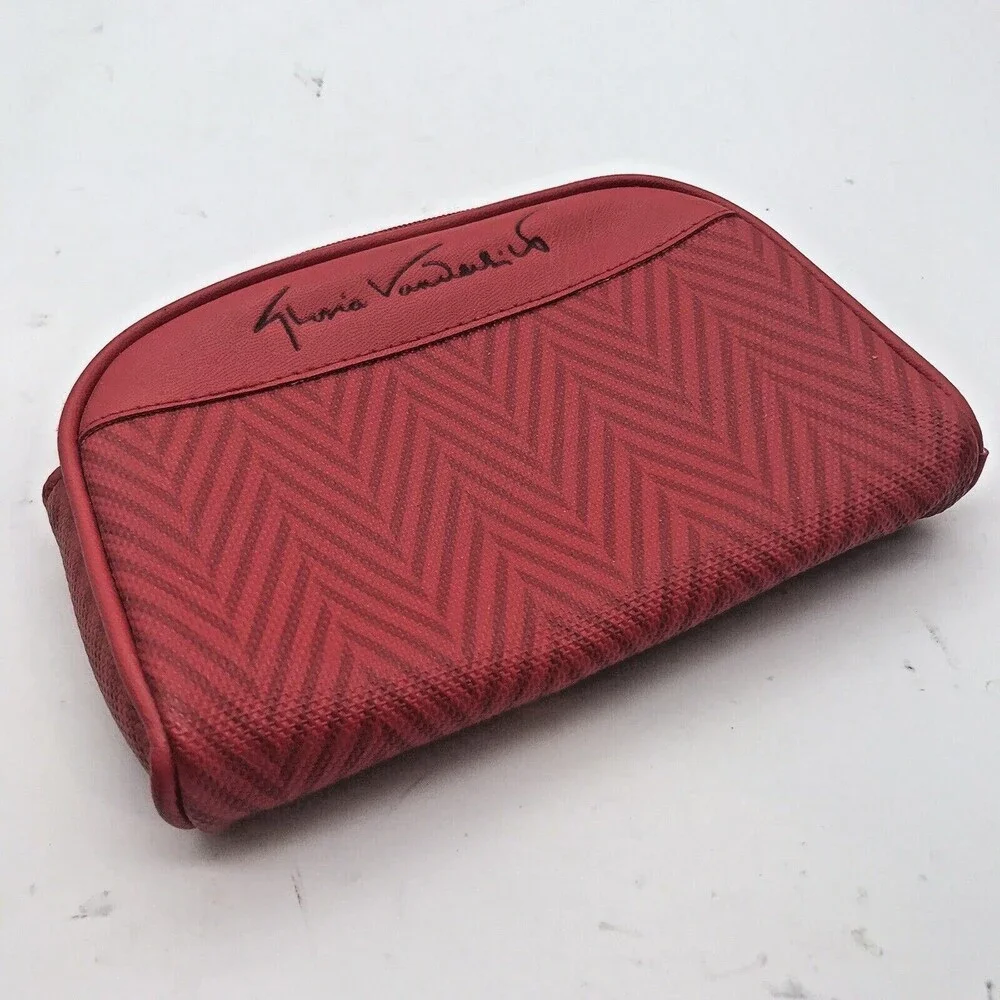 Vintage Gloria Vanderbilt Makeup Bag Red Herringbone 4x6 in. Cosmetic Pouch NEW